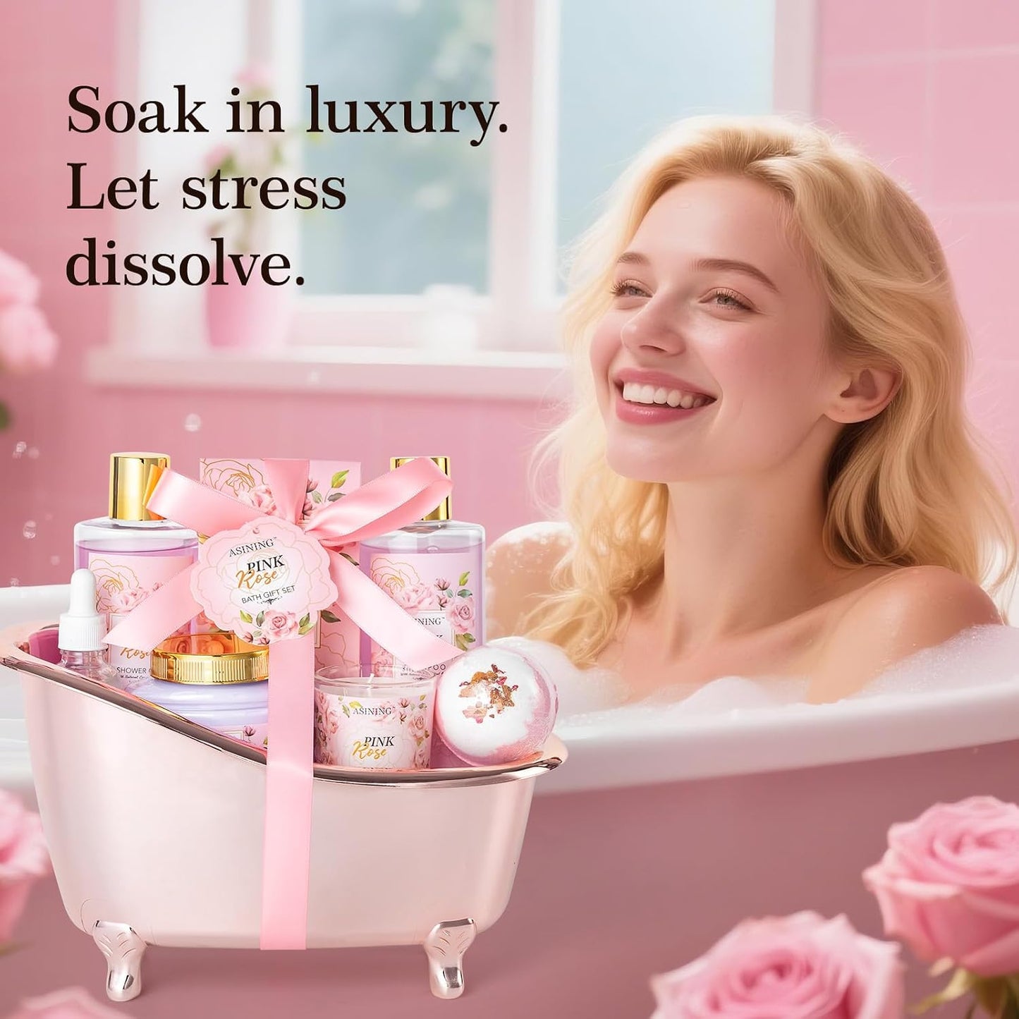 Bath and Body Gift Basket Set Mothers Day, 16 Pcs Luxury Rose & Vanilla Scent Spa Gift Basket Set for Women, Spa and Body Gift Set, Perfect Bath & Body Gift Set, Home Spa Bath Pamper Gifts Teens