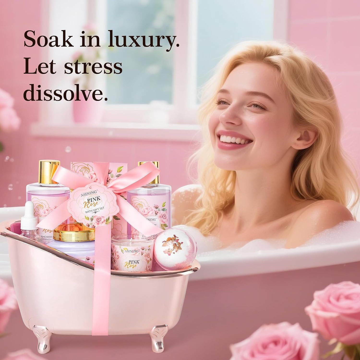 Bath and Body Gift Basket Set Mothers Day, 16 Pcs Luxury Rose & Vanilla Scent Spa Gift Basket Set for Women, Spa and Body Gift Set, Perfect Bath & Body Gift Set, Home Spa Bath Pamper Gifts Teens