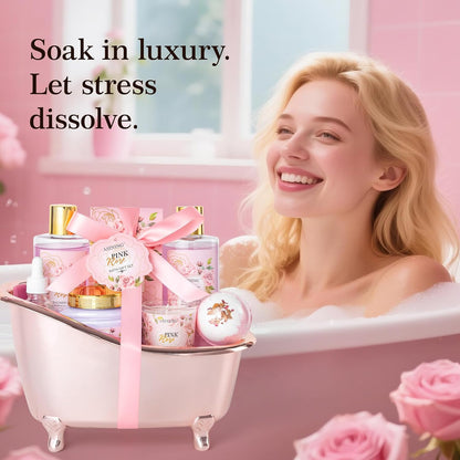 Bath and Body Gift Basket Set Mothers Day, 16 Pcs Luxury Rose & Vanilla Scent Spa Gift Basket Set for Women, Spa and Body Gift Set, Perfect Bath & Body Gift Set, Home Spa Bath Pamper Gifts Teens
