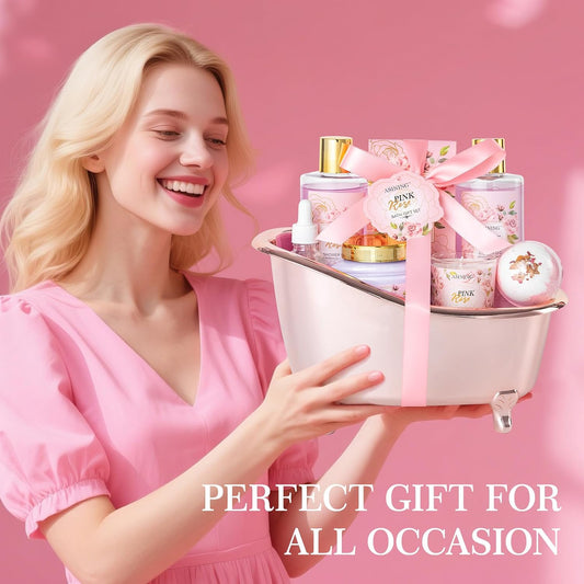 Bath and Body Gift Basket Set Mothers Day, 16 Pcs Luxury Rose & Vanilla Scent Spa Gift Basket Set for Women, Spa and Body Gift Set, Perfect Bath & Body Gift Set, Home Spa Bath Pamper Gifts Teens