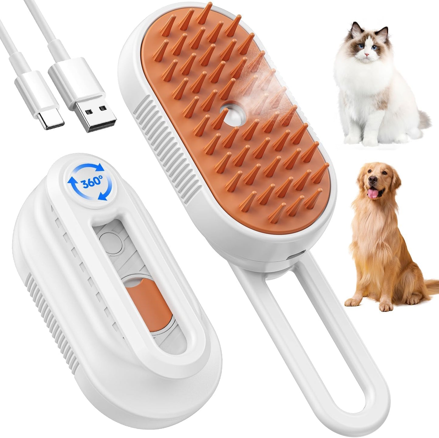 Cepillo Vapor Para Gatos Perro, 5-In-1 Multifuncional Cepillo a Vapor Para Mascotas Con Tanque De Agua Y Recargable Para Desenredar Nudos Y Pelos Sueltos En Animales, Blanco