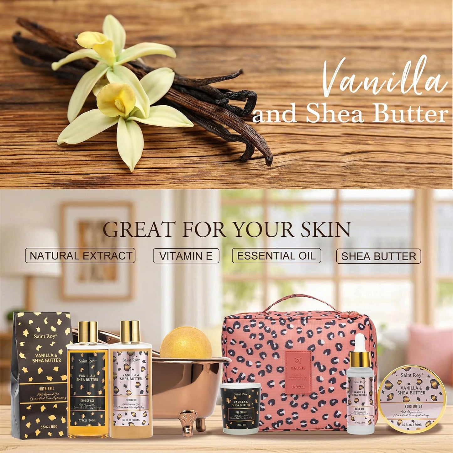 Warm Vanilla Spa Gifts for Women, Spa Bath & Body Gift Basket Skin Care Kit | Home Spa Gift Set, Home Spa Self-Care Kit, Travel Multi-Use Toiletry Bag, Birthday, Christmas, Mother Day, Anniversary Gifts