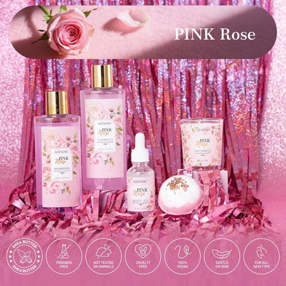 Bath and Body Gift Basket Set Mothers Day, 16 Pcs Luxury Rose & Vanilla Scent Spa Gift Basket Set for Women, Spa and Body Gift Set, Perfect Bath & Body Gift Set, Home Spa Bath Pamper Gifts Teens